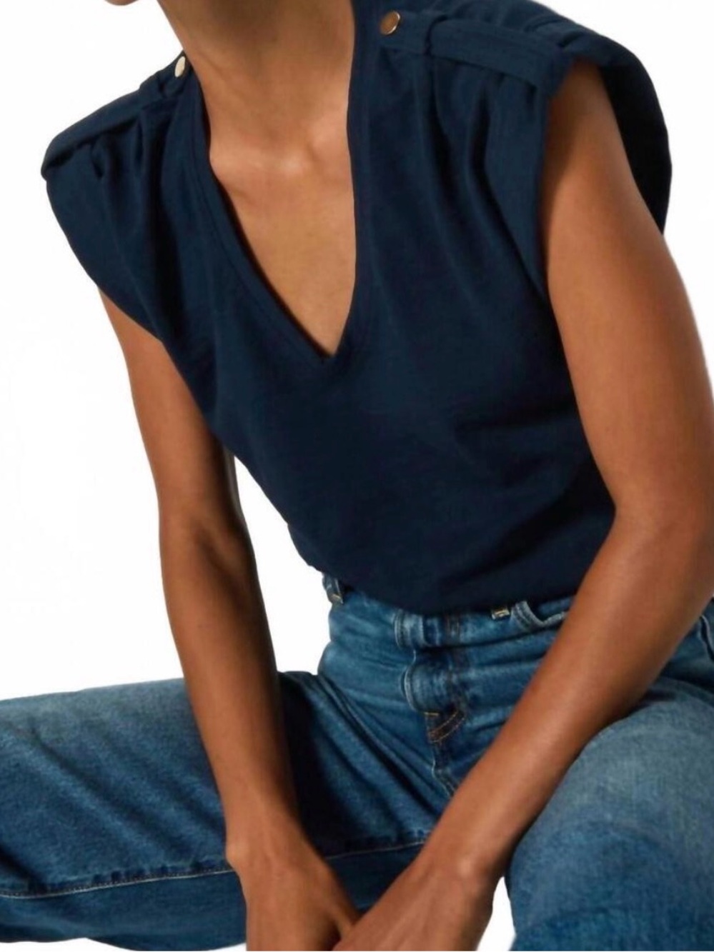 Nation LTD Navy V-Neck Short Sleeve Tee with Shoulder Tabs